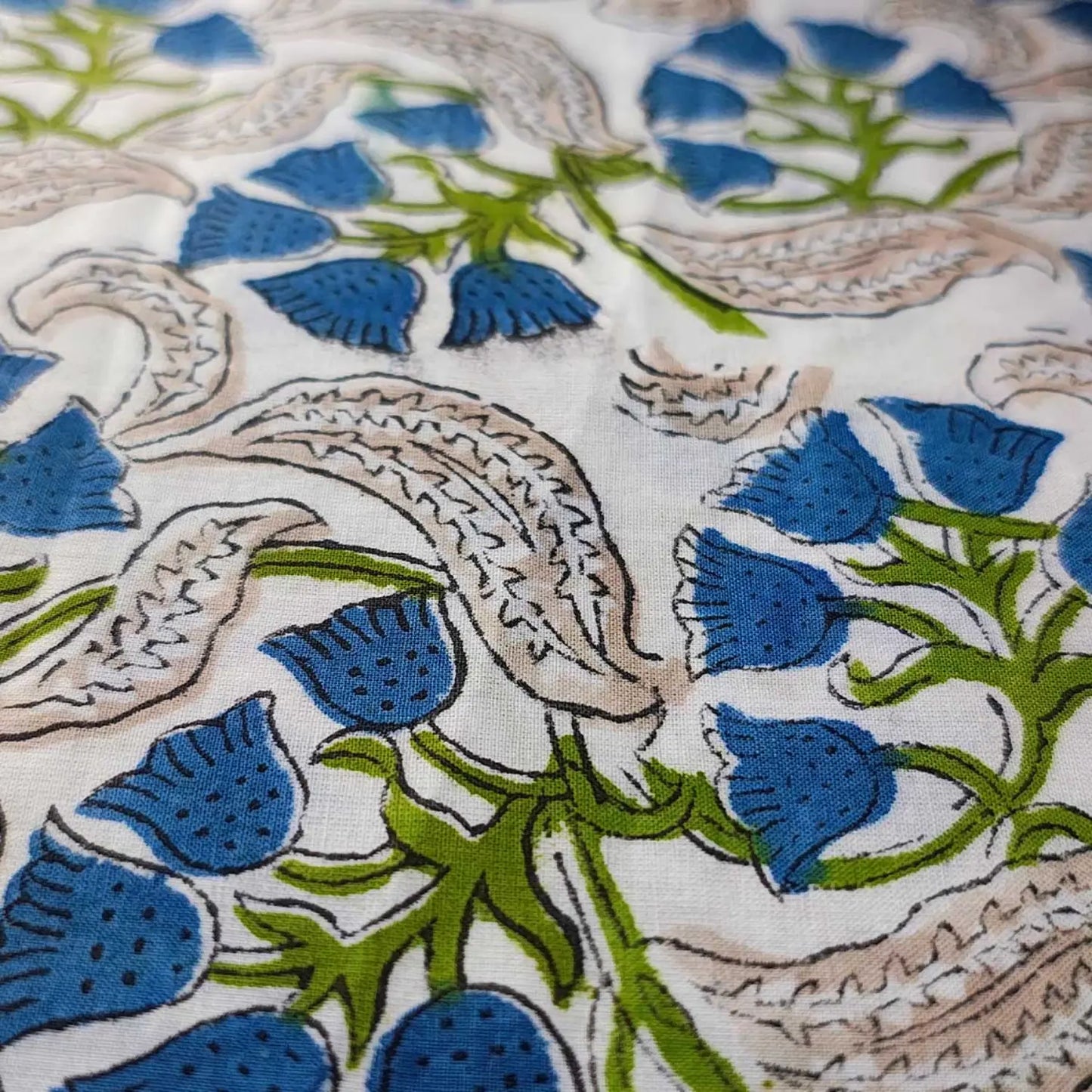 Sanganeri Hand Block Print Cotton Fabric – Green Floral Print