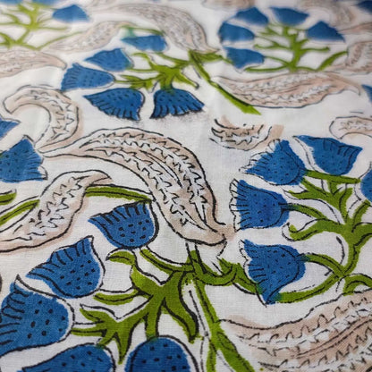 Sanganeri Hand Block Print Cotton Fabric – Green Floral Print