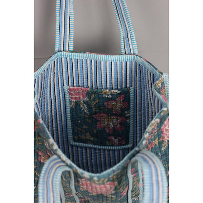 Handmade Block Print Cotton Quilted Tote Bag – Teal Floral