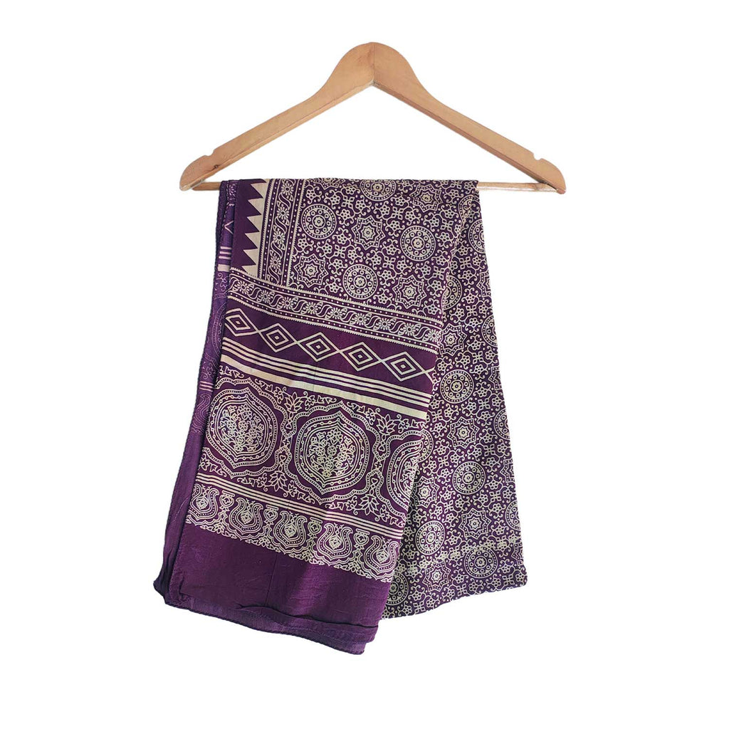 Ajrakh Hand Block Print Purple Color Viscose Stole | Traditional Geometric Print | L220 X W55 cm