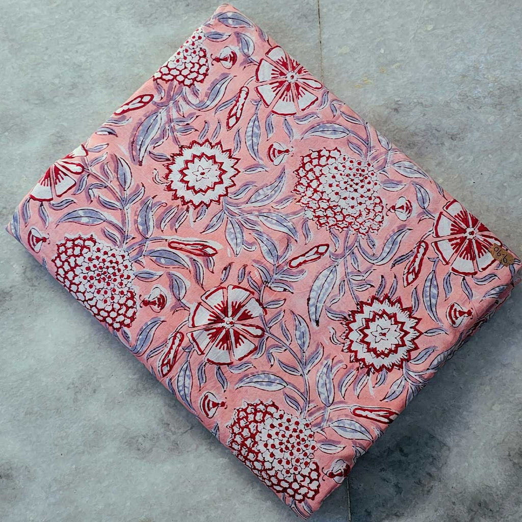Handmade Bagru Print Textile –  Baby Pink Floral Print Cotton Material