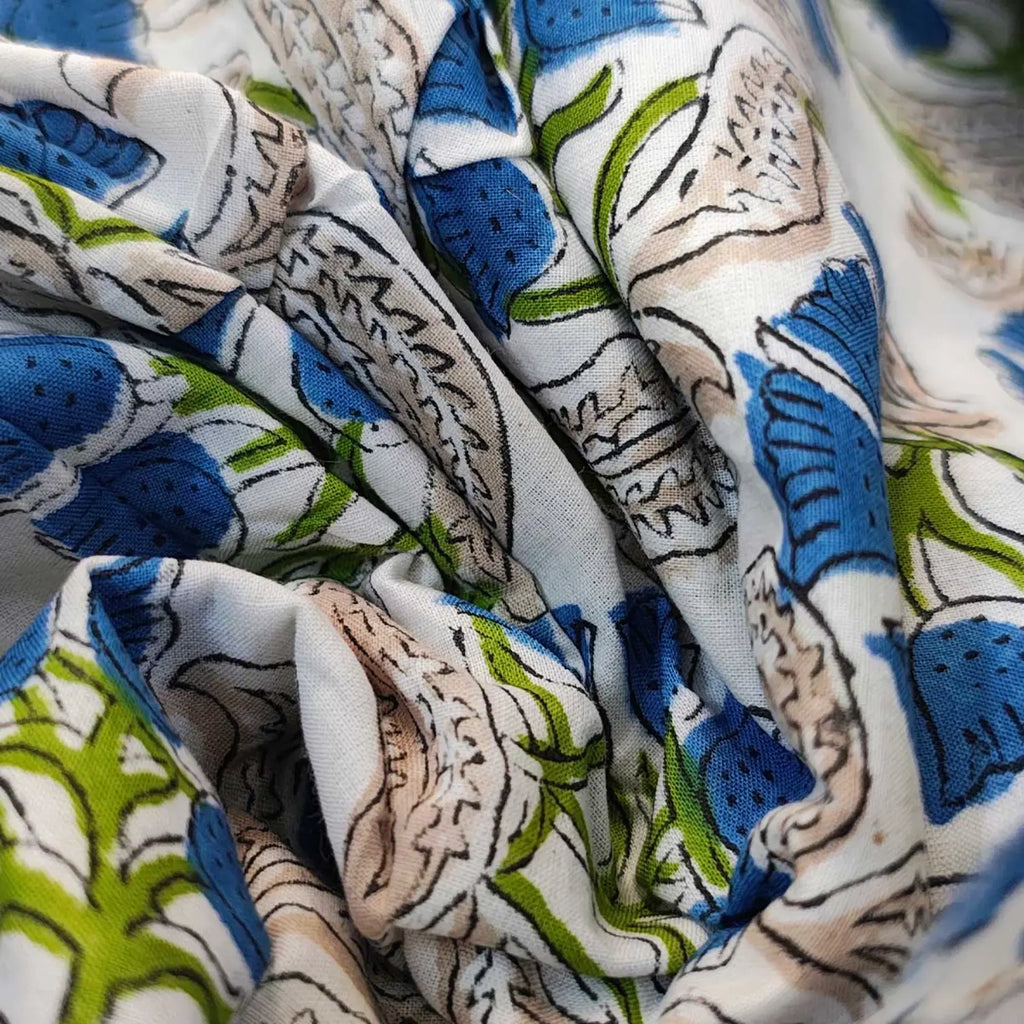 Sanganeri Hand Block Print Cotton Fabric – Green Floral Print