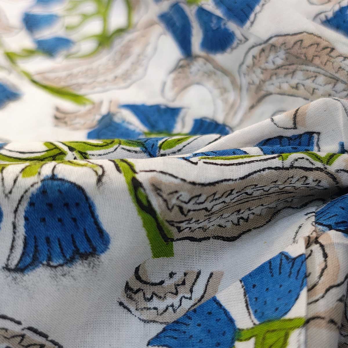 Handmade Bagru Print Textile – Green Floral Print Cotton Material