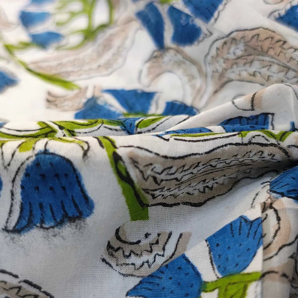 Sanganeri Hand Block Print Cotton Fabric – Green Floral Print