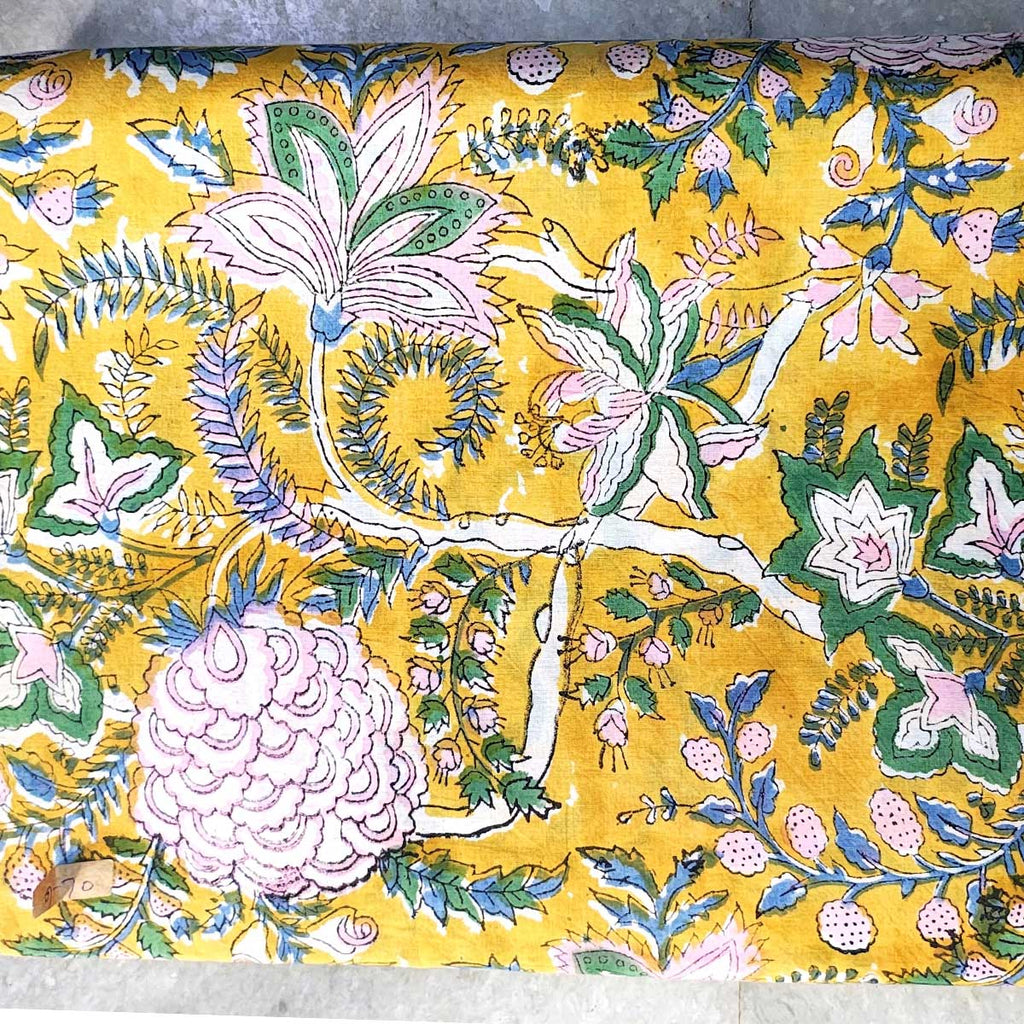 Handmade Bagru Print Textile – Yellow Floral Print Cotton Material