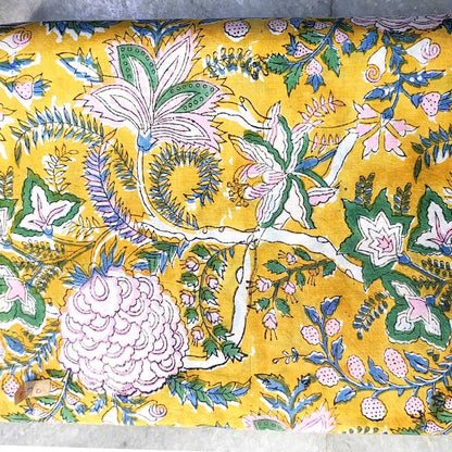 Sanganeri Hand Block Print Cotton Fabric – Yellow Floral Print