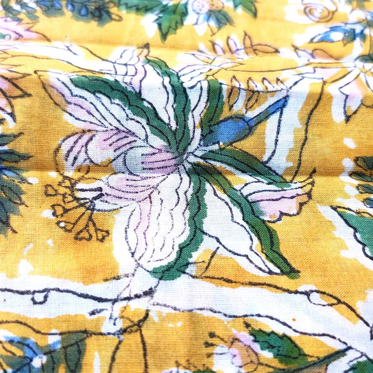 Handmade Bagru Print Textile – Yellow Floral Print Cotton Material