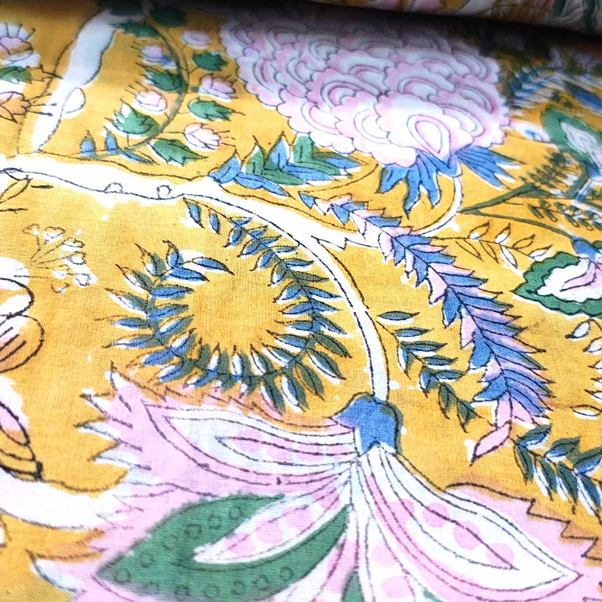 Handmade Bagru Print Textile – Yellow Floral Print Cotton Material