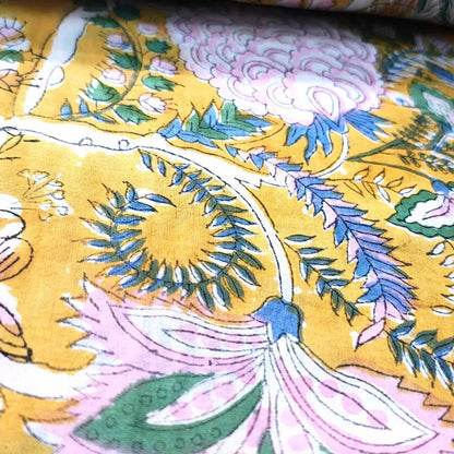 Sanganeri Hand Block Print Cotton Fabric – Yellow Floral Print