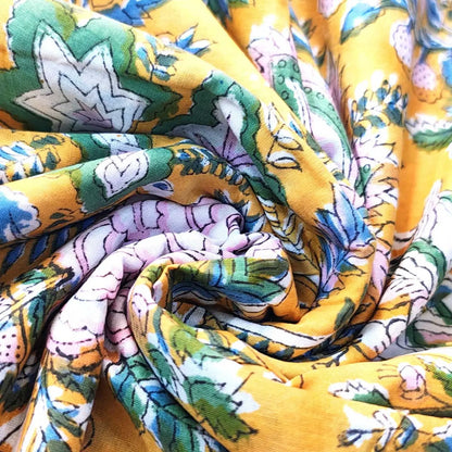 Sanganeri Hand Block Print Cotton Fabric – Yellow Floral Print