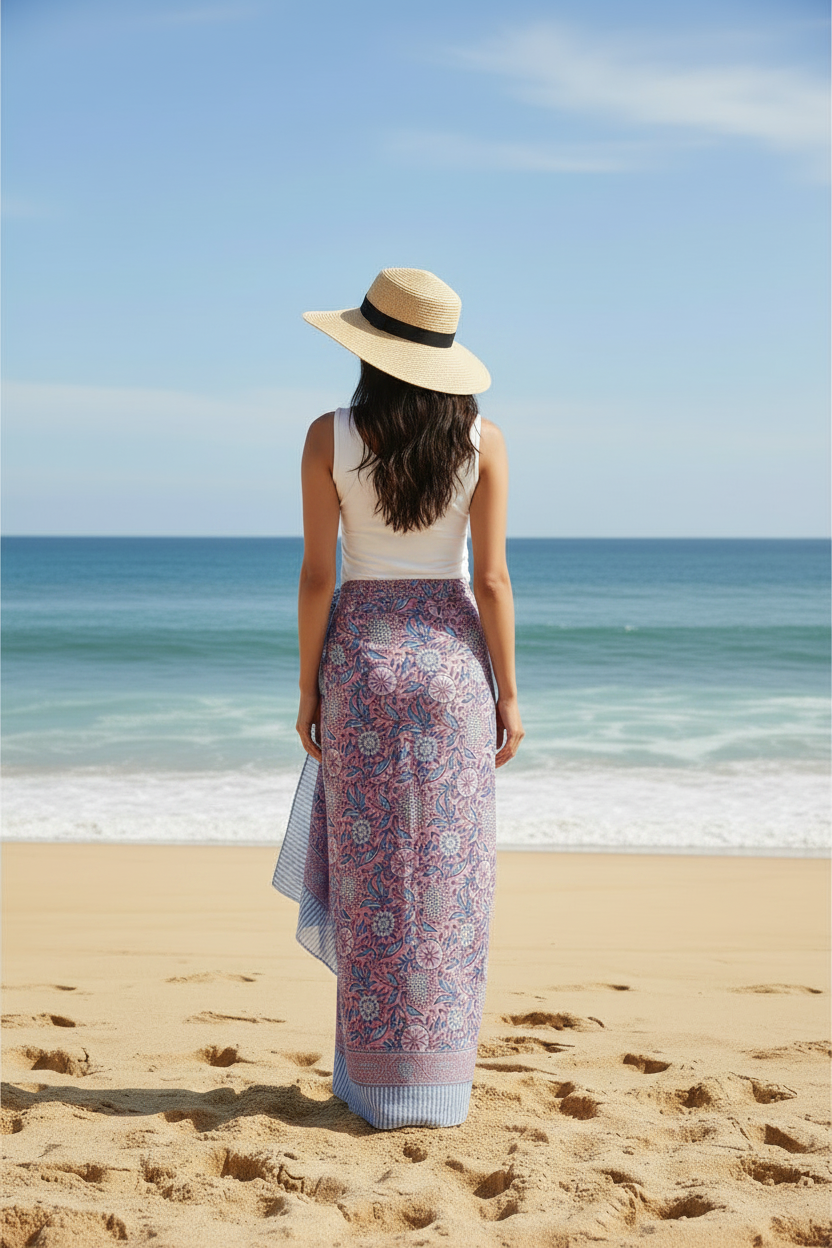 Bagru Block Print Floral Peach Color Cotton Sarong, Beach Wrap, Pareo