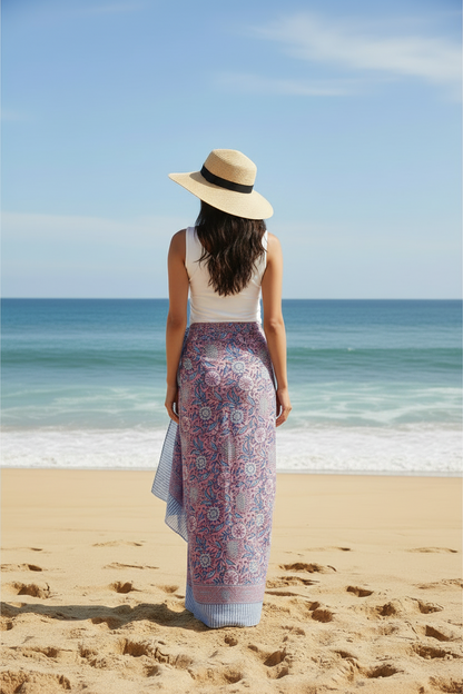 Bagru Block Print Floral Peach Color Cotton Sarong, Beach Wrap, Pareo