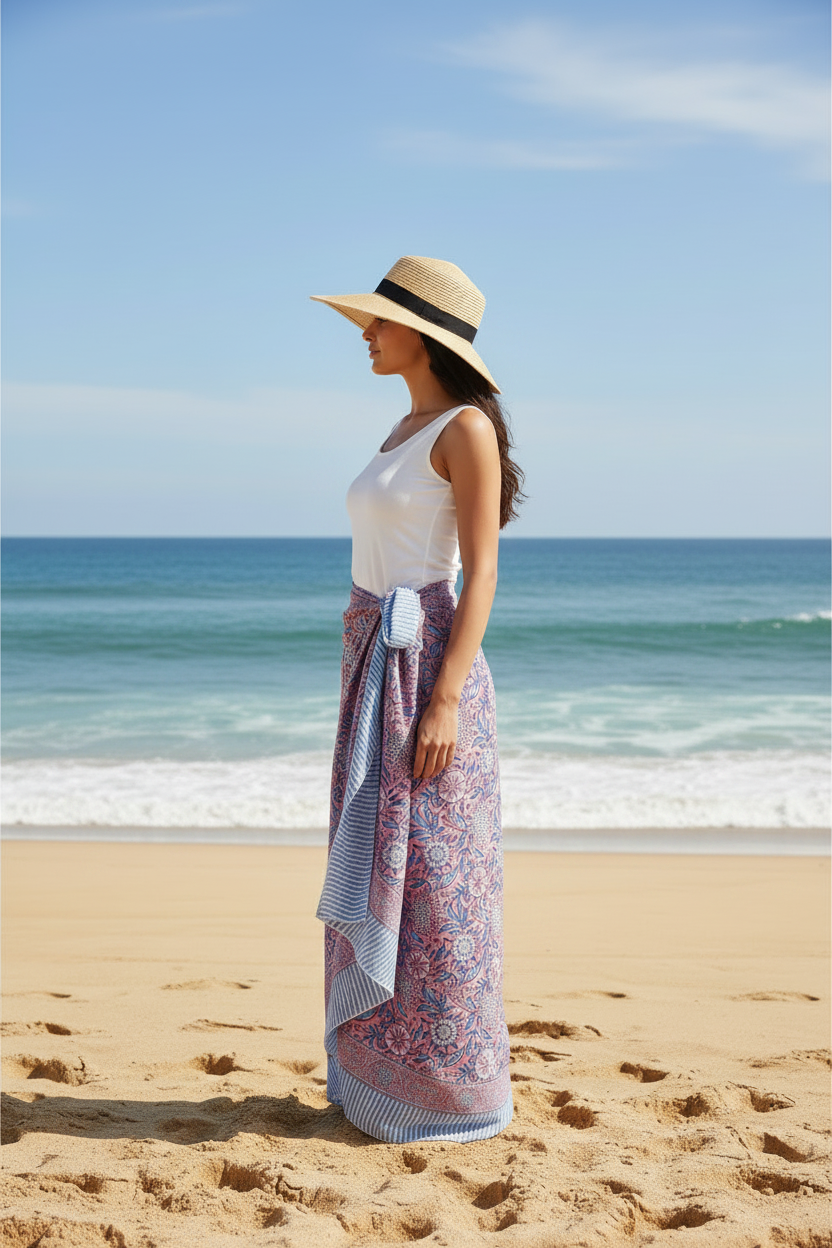 Bagru Block Print Floral Peach Color Cotton Sarong, Beach Wrap, Pareo