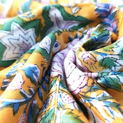Sanganeri Hand Block Print Cotton Fabric – Yellow Floral Print