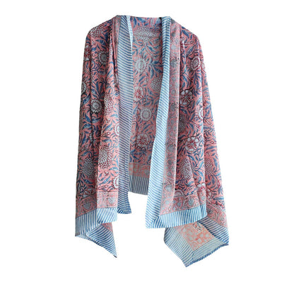Bagru Block Print Floral Peach Color Cotton Sarong, Beach Wrap, Pareo