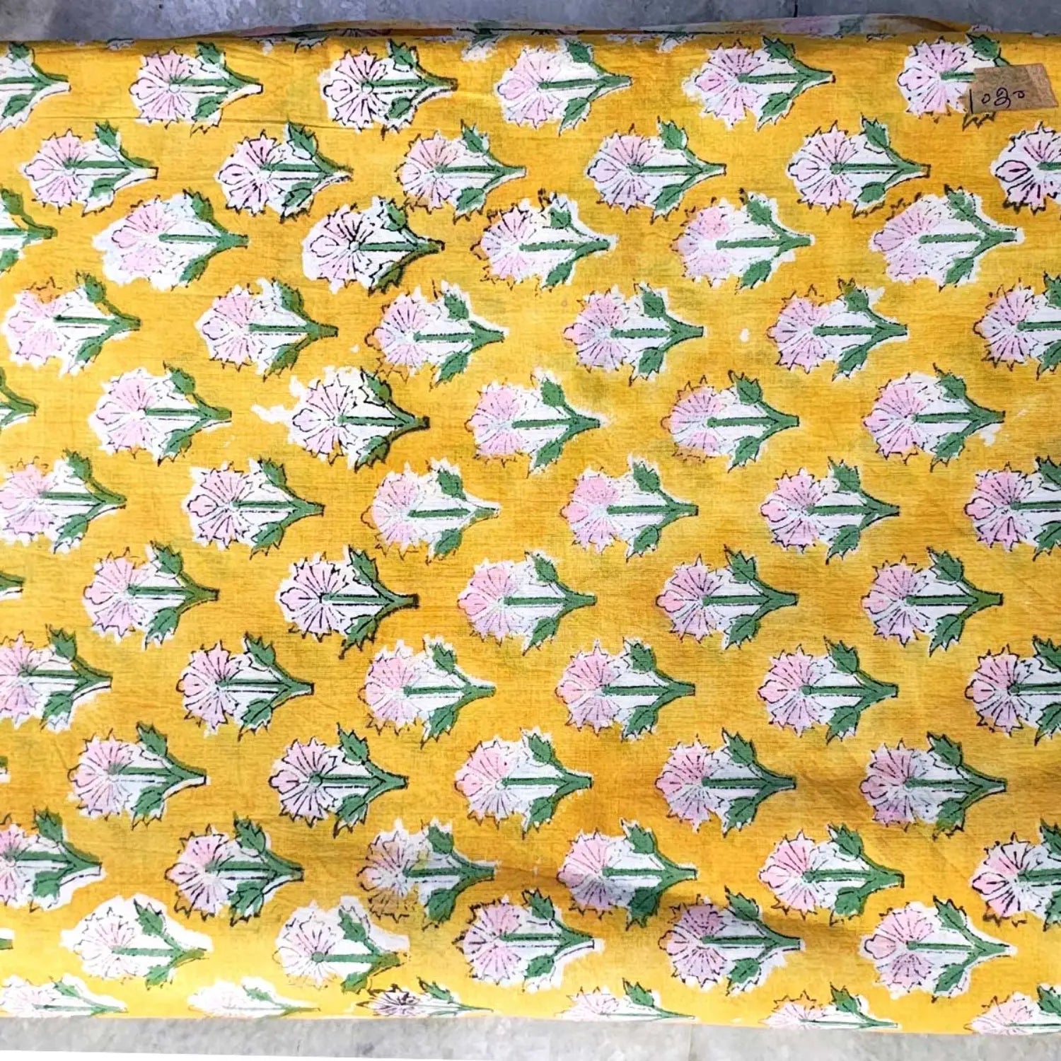 Handmade Bagru Print Textile – Yellow Floral Print Cotton Material