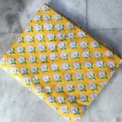 Sanganeri Hand Block Print Cotton Fabric – Yellow Floral Print