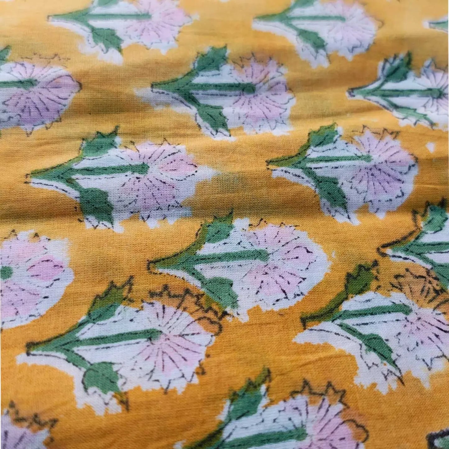 Sanganeri Hand Block Print Cotton Fabric – Yellow Floral Print
