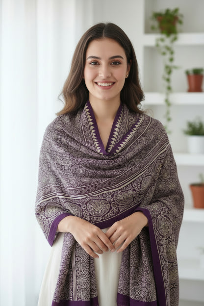 Ajrakh Hand Block Print Purple Color Viscose Stole | Traditional Geometric Print | L220 X W55 cm
