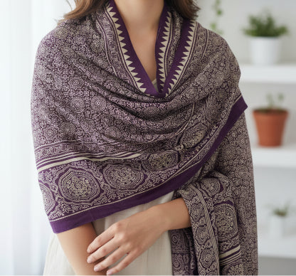 Ajrakh Hand Block Print Purple Color Viscose Stole | Traditional Geometric Print | L220 X W55 cm
