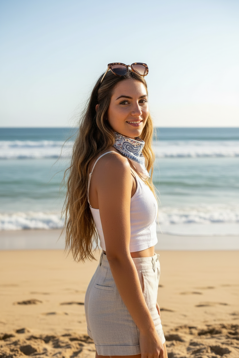 Woman standing on a beach with ocean view