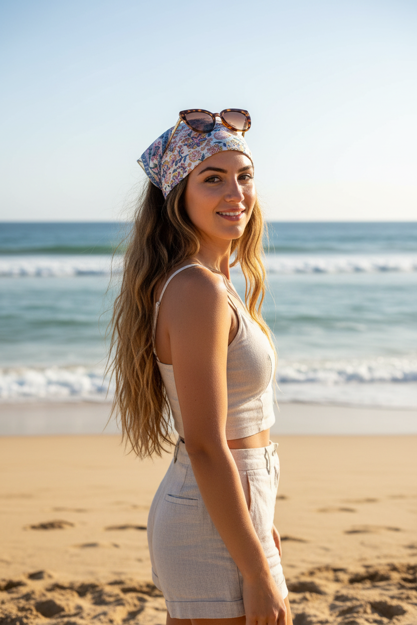Woman on a beach wearing a light-colored outfit and headscarf with sunglasses on her head.