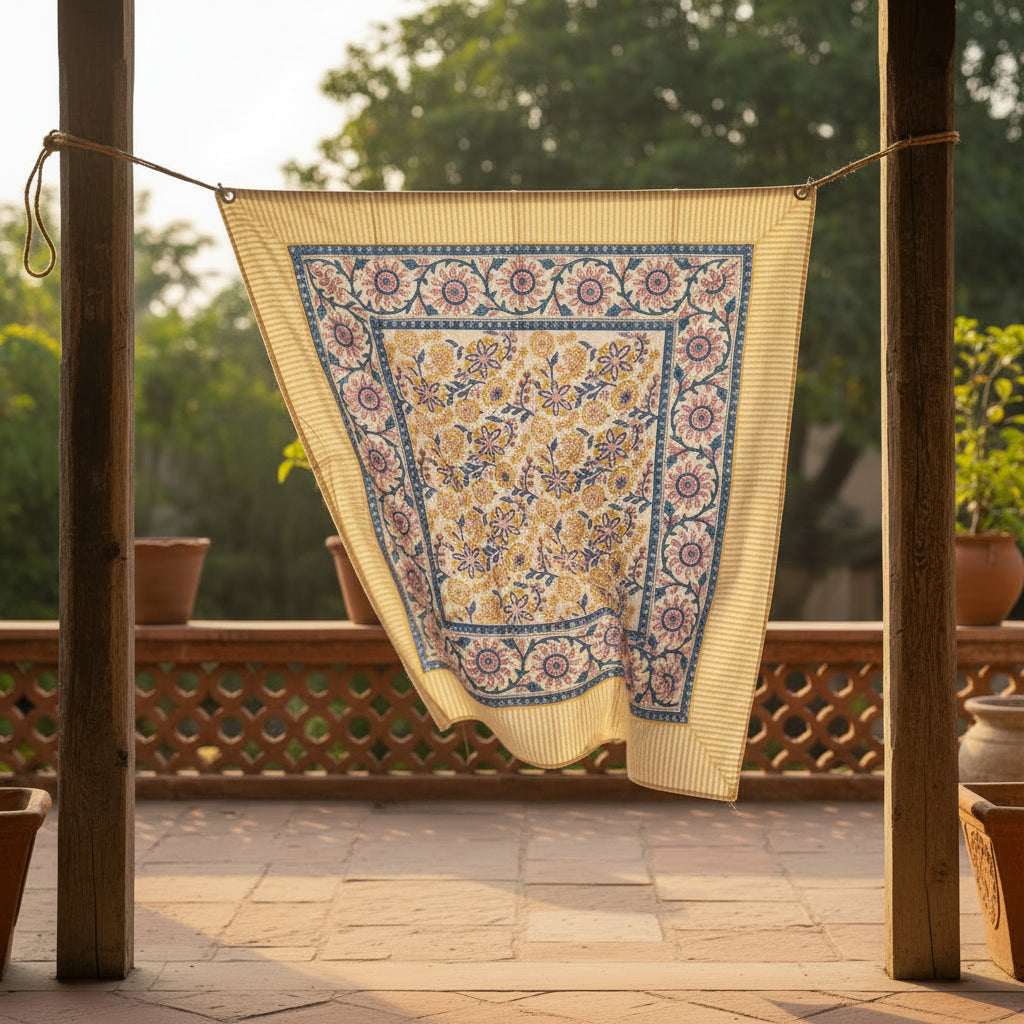 Decorative quilt with floral pattern on a white background