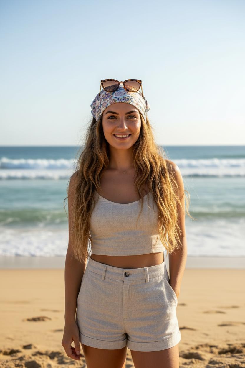 Woman standing on a beach with ocean waves in the background
