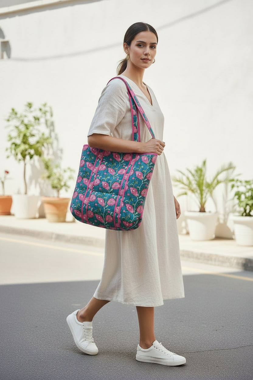 Woman holding a colorful tote bag in an outdoor setting with plants.