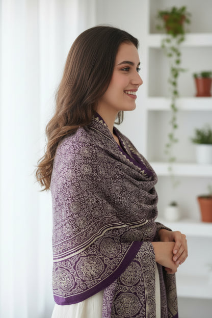 Ajrakh Hand Block Print Purple Color Viscose Stole | Traditional Geometric Print | L220 X W55 cm
