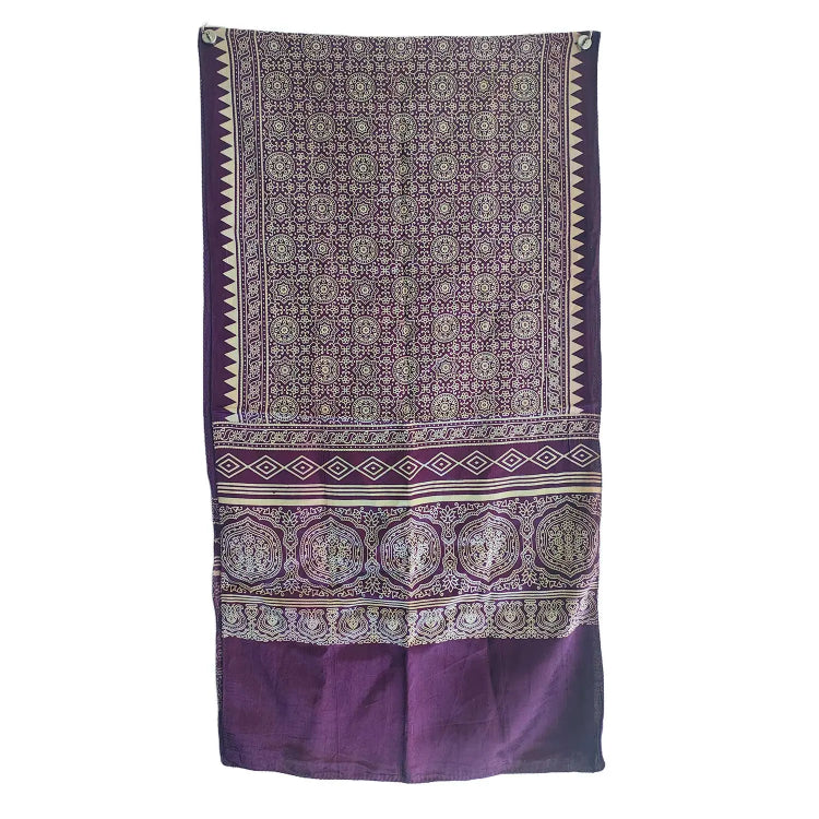 Ajrakh Hand Block Print Purple Color Viscose Stole | Traditional Geometric Print | L220 X W55 cm