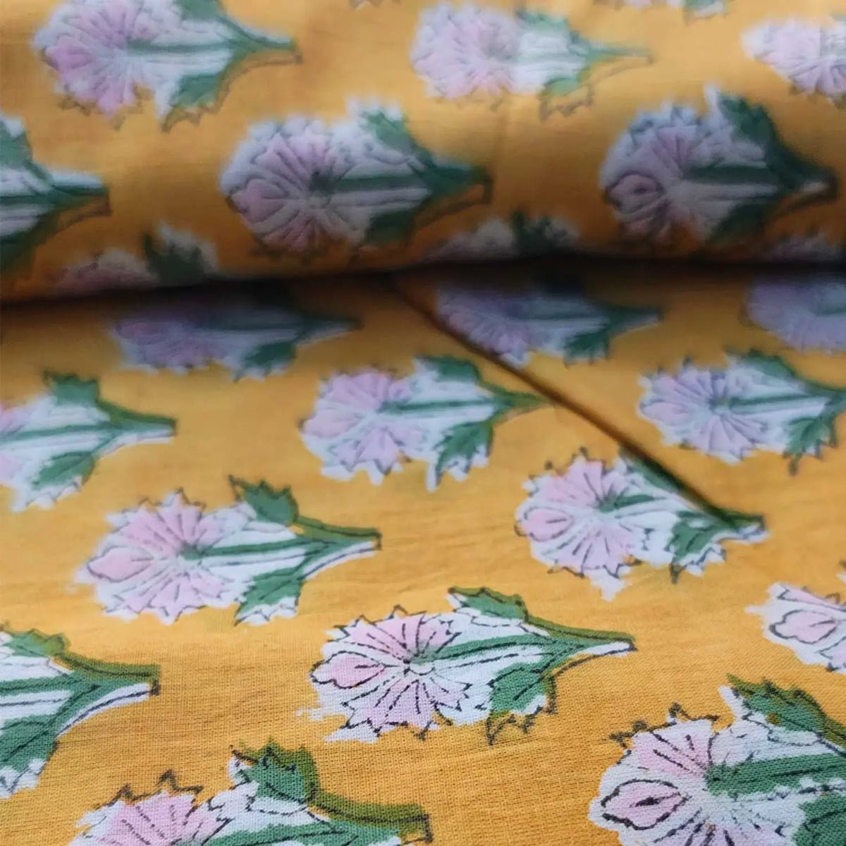 Sanganeri Hand Block Print Cotton Fabric – Yellow Floral Print
