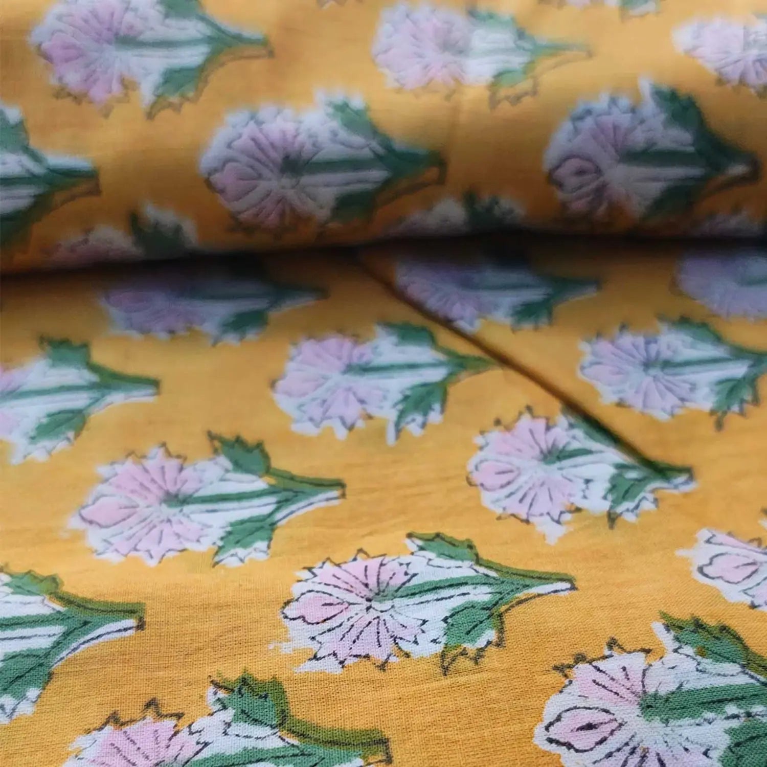 Handmade Bagru Print Textile – Yellow Floral Print Cotton Material