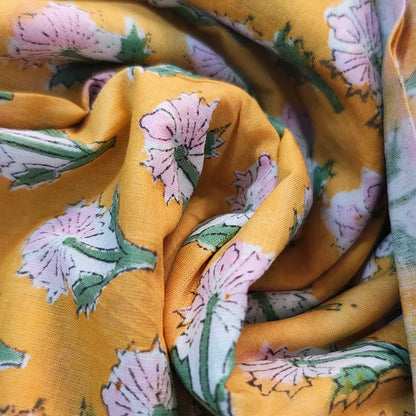 Sanganeri Hand Block Print Cotton Fabric – Yellow Floral Print