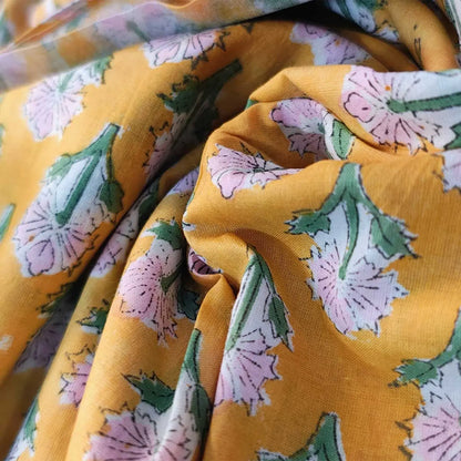 Sanganeri Hand Block Print Cotton Fabric – Yellow Floral Print
