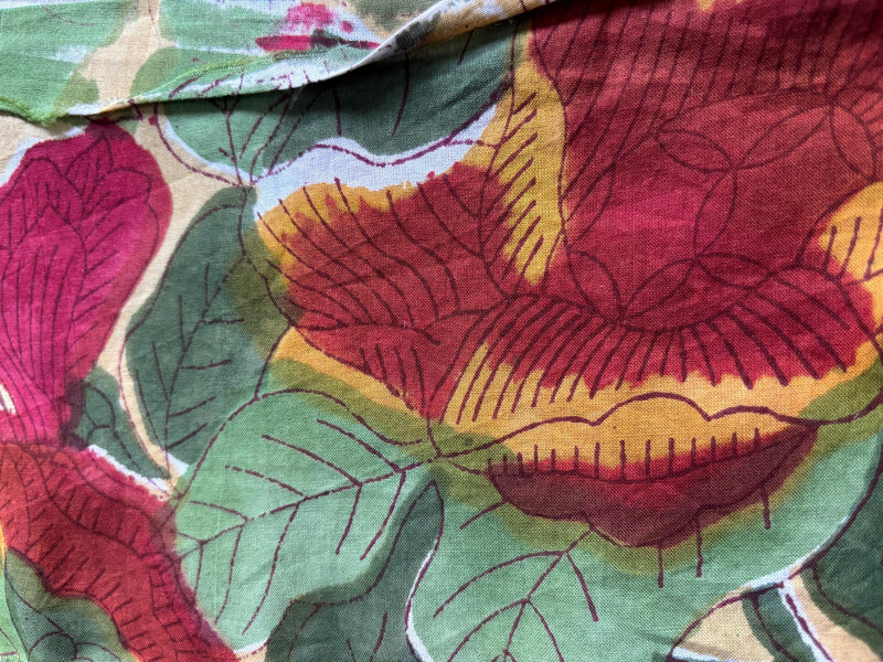 Soft Cotton Floral Print Fabric – Yellow Base with Pink & Teal Motifs