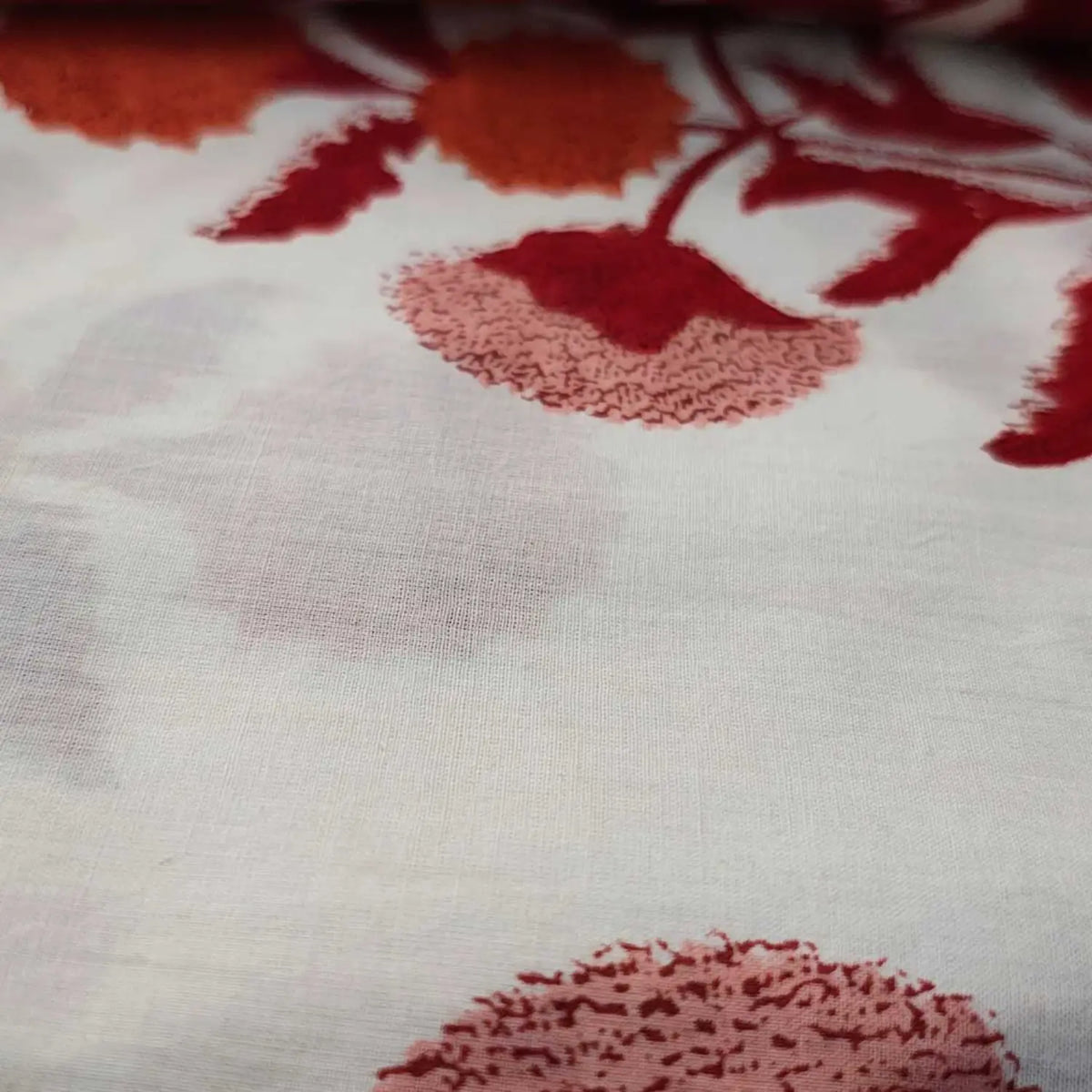 Sanganeri Hand Block Print Cotton Fabric – White And Red Floral Print