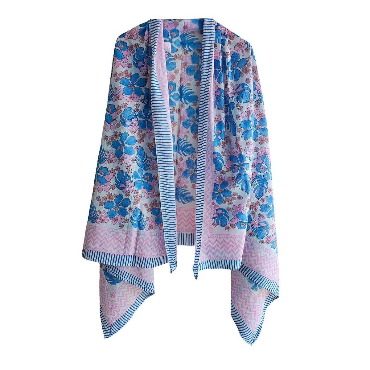 Bagru Hand Block Printed Cotton Sarong – Blue Floral Beach Wrap & Pareo, 120x190cm