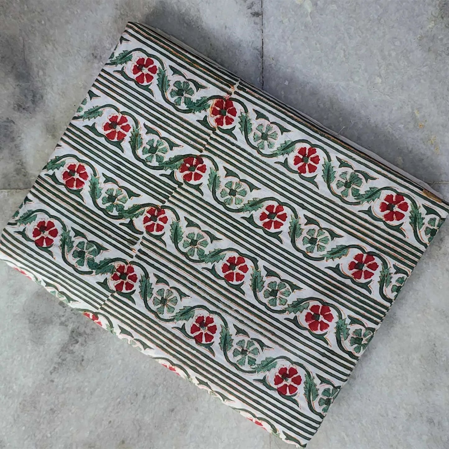 Sanganeri Hand Block Print Cotton Fabric – Green Floral Print