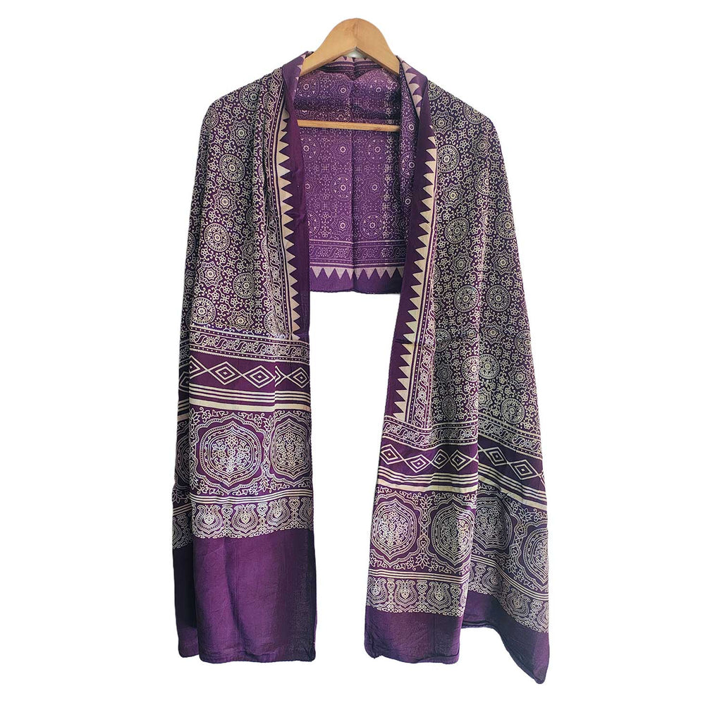 Ajrakh Hand Block Print Purple Color Viscose Stole | Traditional Geometric Print | L220 X W55 cm