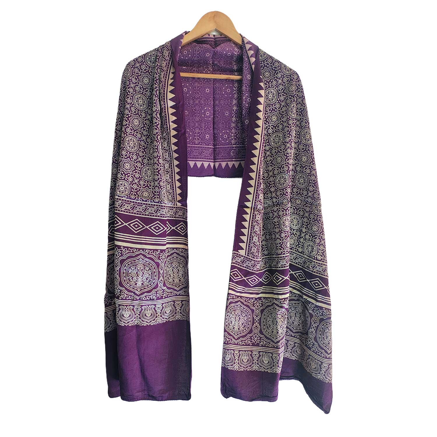 Ajrakh Hand Block Print Purple Color Viscose Stole | Traditional Geometric Print | L220 X W55 cm
