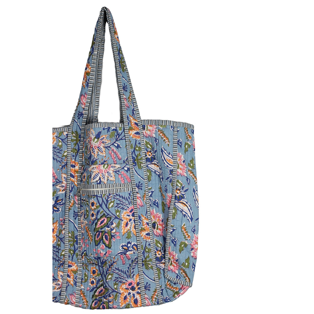 Handmade Block Print Cotton Quilted Tote Bag – Blue Floral