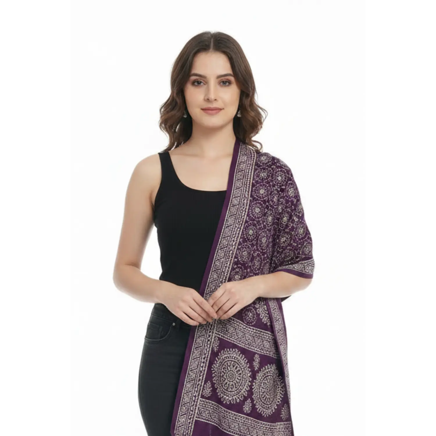 Ajrakh Hand Block Print Purple Color Viscose Stole | Traditional Geometric Print | L220 X W55 cm