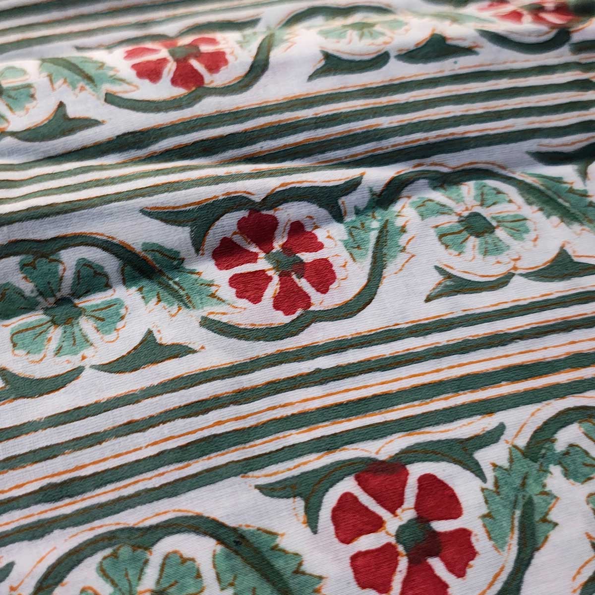 Handmade Bagru Print Textile – Green Floral Print Cotton Material
