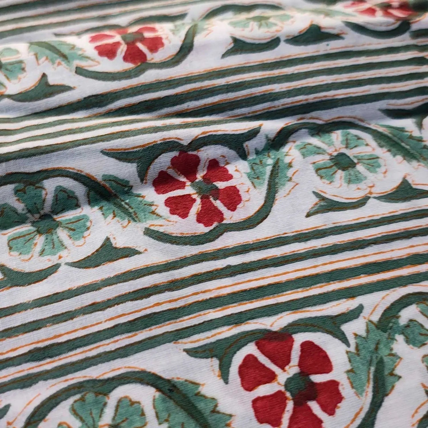 Handmade Bagru Print Textile – Green Floral Print Cotton Material