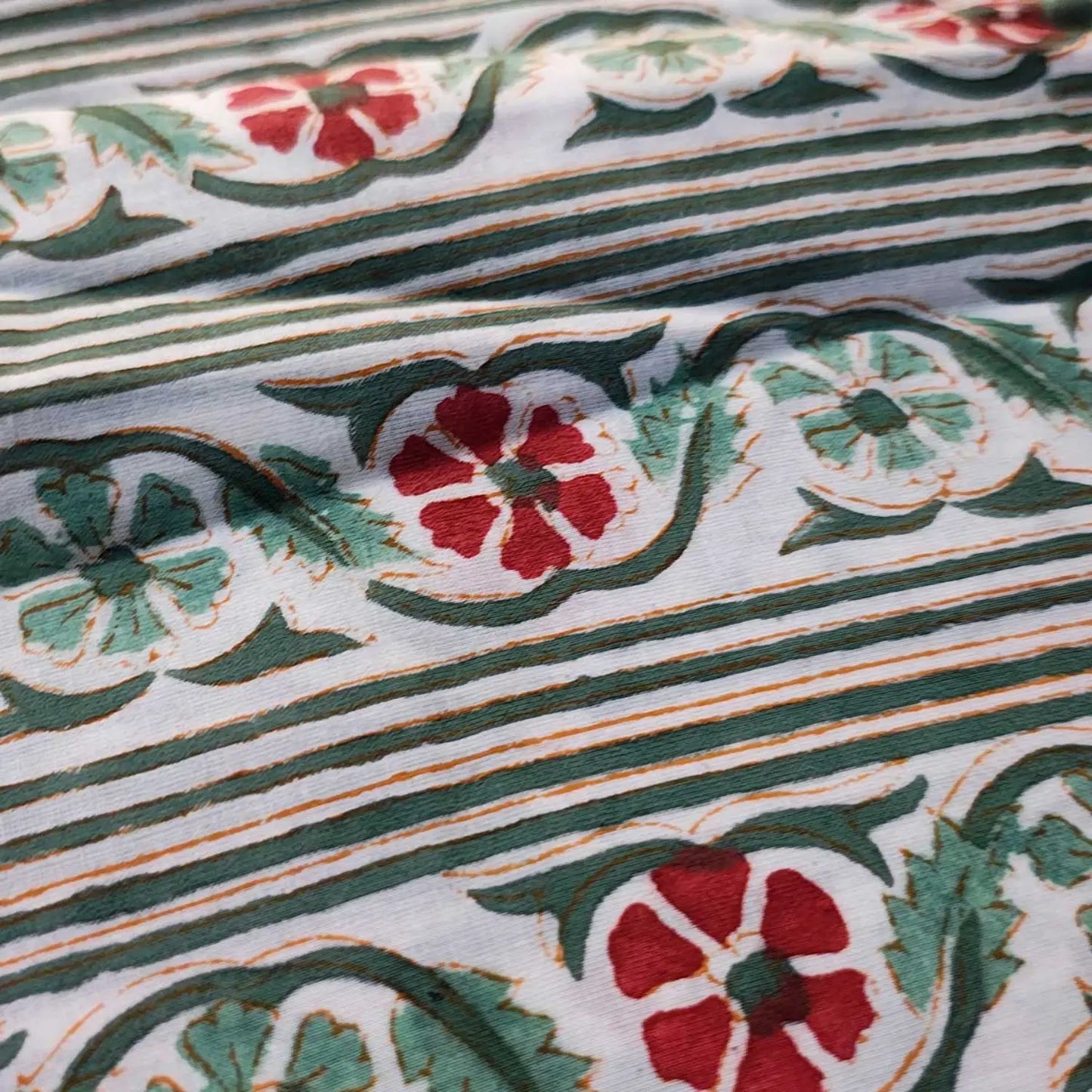 Sanganeri Hand Block Print Cotton Fabric – Green Floral Print