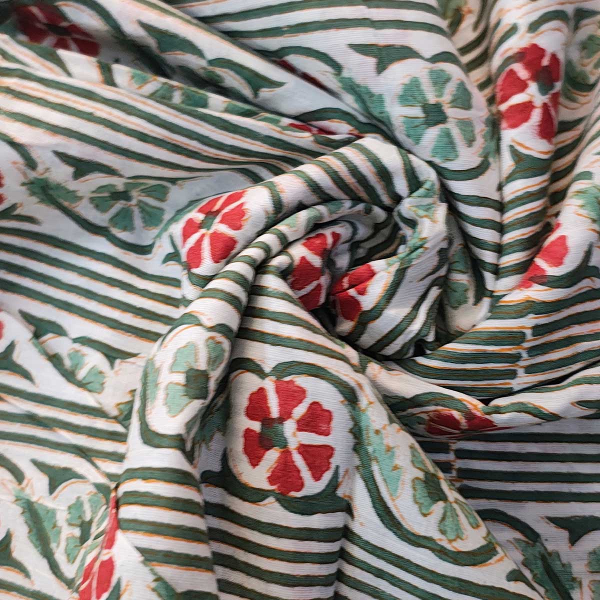 Handmade Bagru Print Textile – Green Floral Print Cotton Material