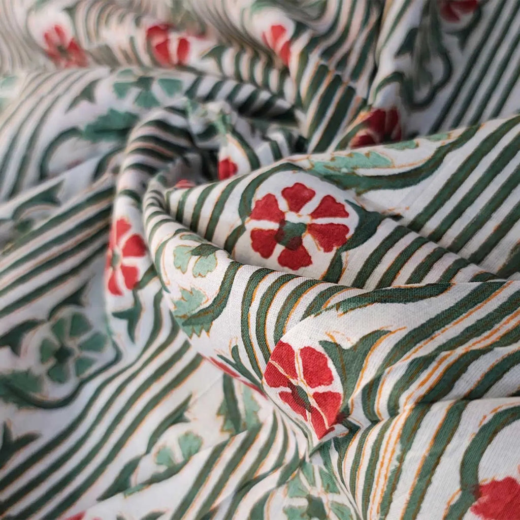 Handmade Bagru Print Textile – Green Floral Print Cotton Material