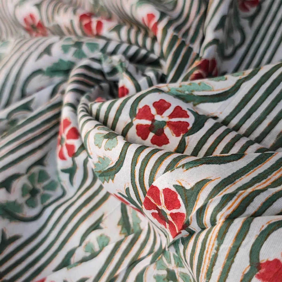 Sanganeri Hand Block Print Cotton Fabric – Green Floral Print