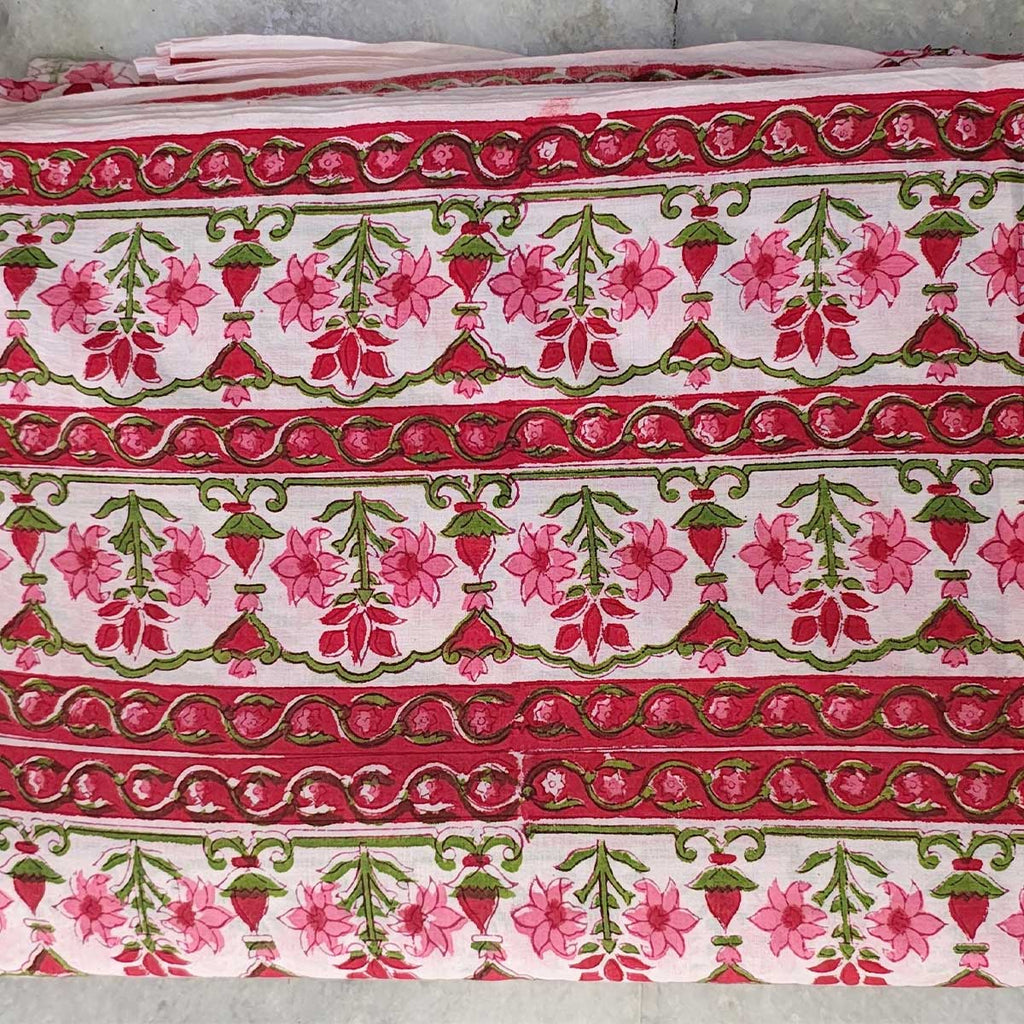 Handmade Bagru Print Textile – White And Pink Floral Print Cotton Material